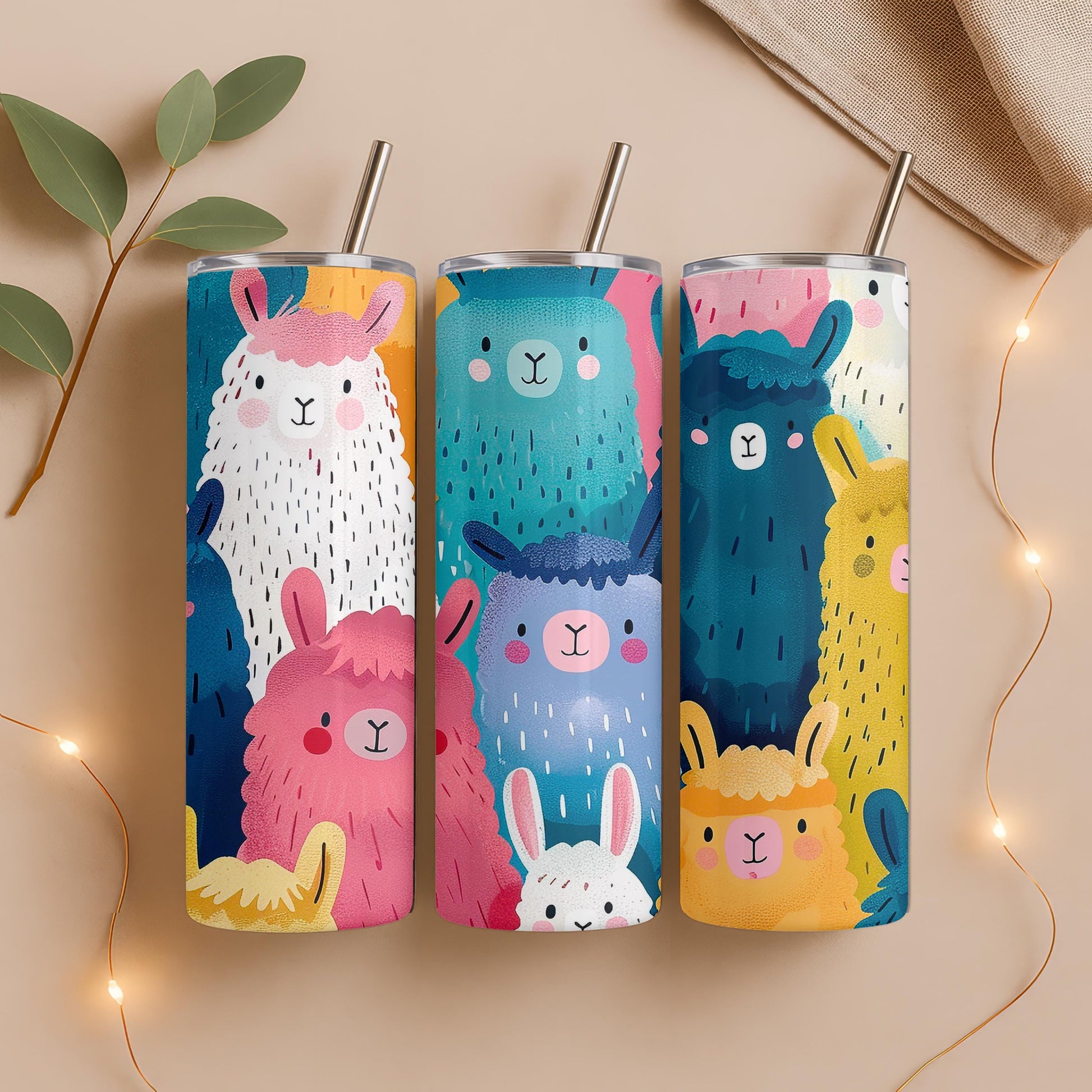 Cute Llama Alpaca Tumbler, Colorful All Over Print 20oz Skinny Tumbler, Unique Animal Lover Gift for Her, Fun Travel Mug