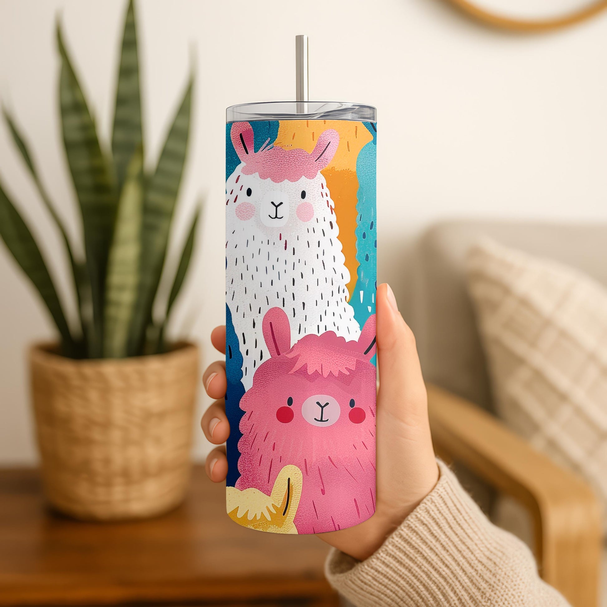 Cute Llama Alpaca Tumbler, Colorful All Over Print 20oz Skinny Tumbler, Unique Animal Lover Gift for Her, Fun Travel Mug