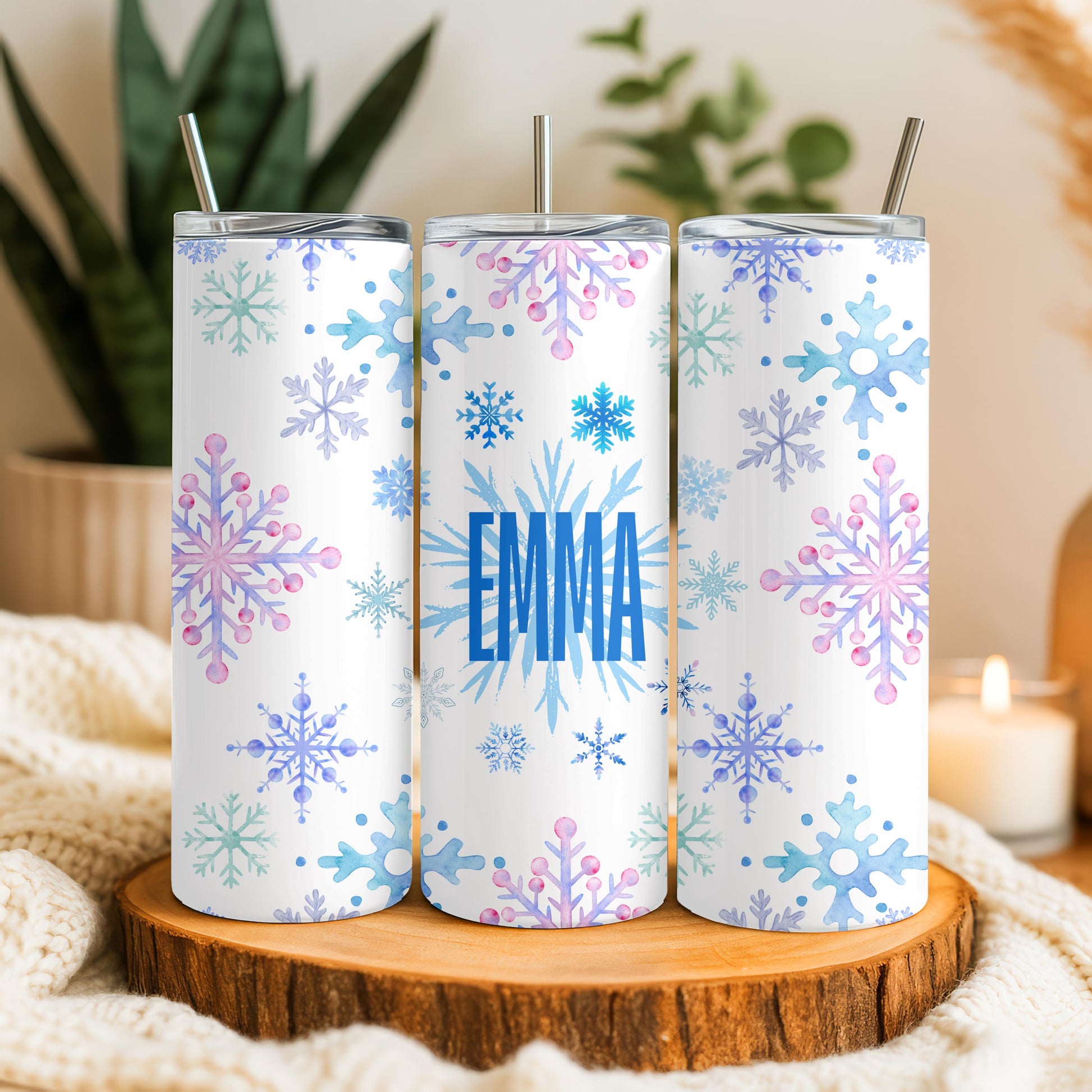 Personalized Snowflake Tumbler with Name, Winter Aesthetic 20oz Skinny Tumbler, Custom Christmas Gift for Her