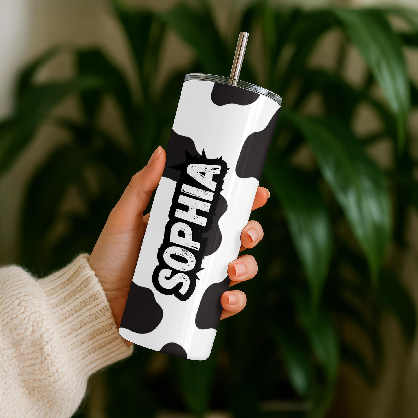 Personalized Cow Print Tumbler with Name, Western Aesthetic 20oz Skinny Tumbler, Custom Cowgirl Gift for Her