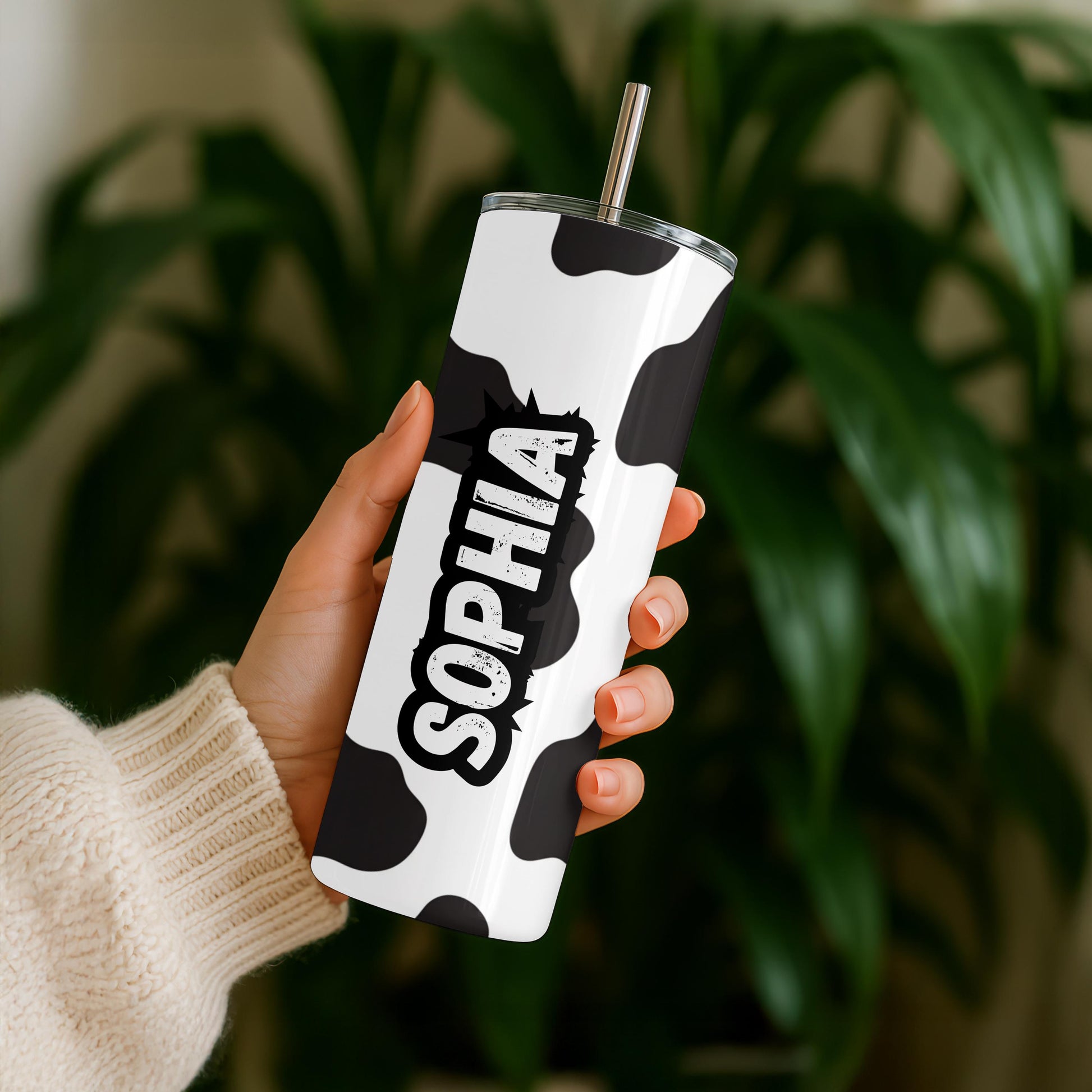 Personalized Cow Print Tumbler with Name, Western Aesthetic 20oz Skinny Tumbler, Custom Cowgirl Gift for Her