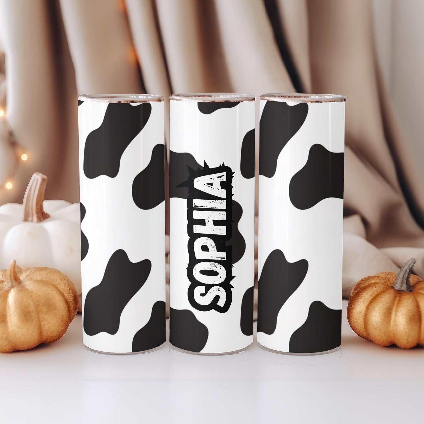 Personalized Cow Print Tumbler with Name, Western Aesthetic 20oz Skinny Tumbler, Custom Cowgirl Gift for Her