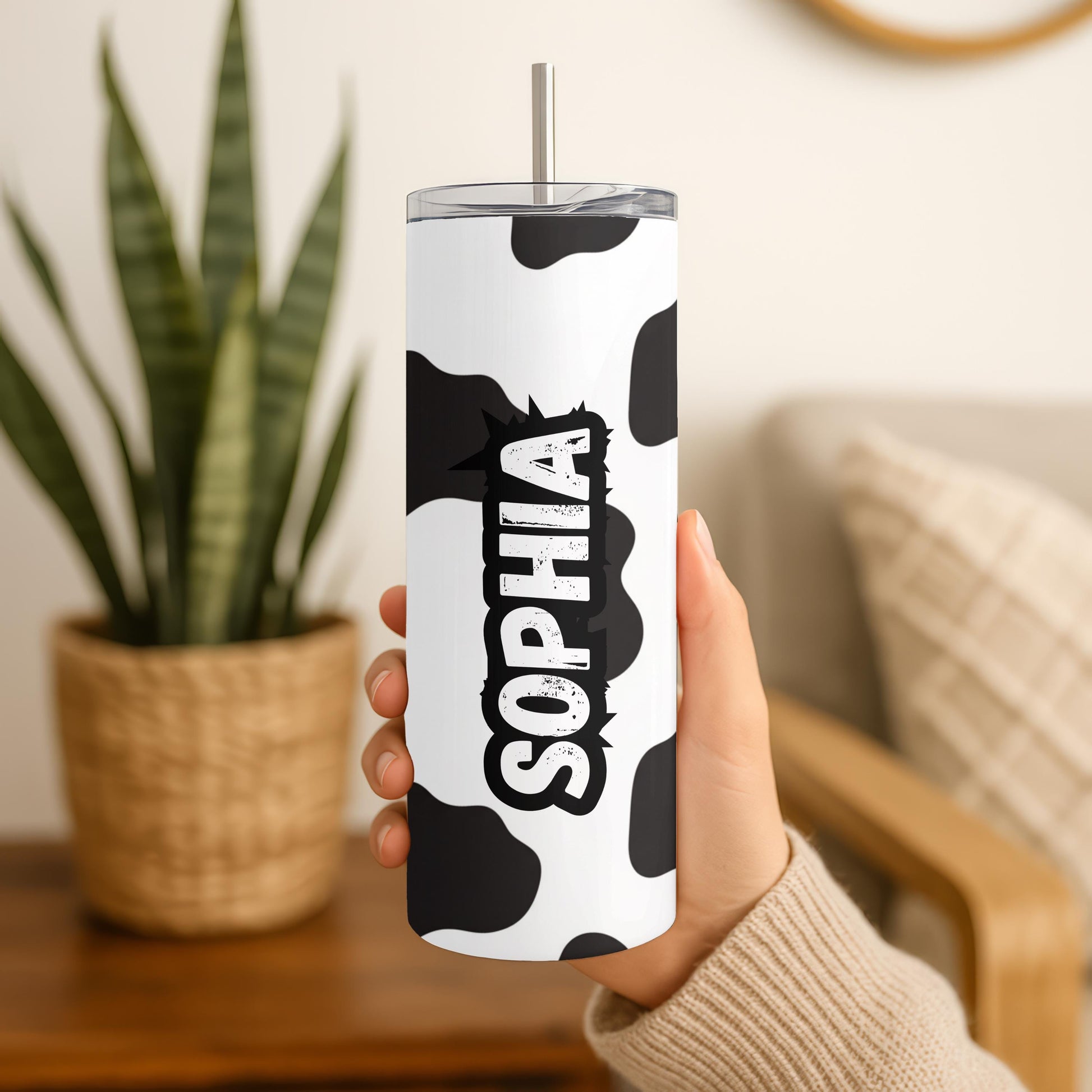 Personalized Cow Print Tumbler with Name, Western Aesthetic 20oz Skinny Tumbler, Custom Cowgirl Gift for Her