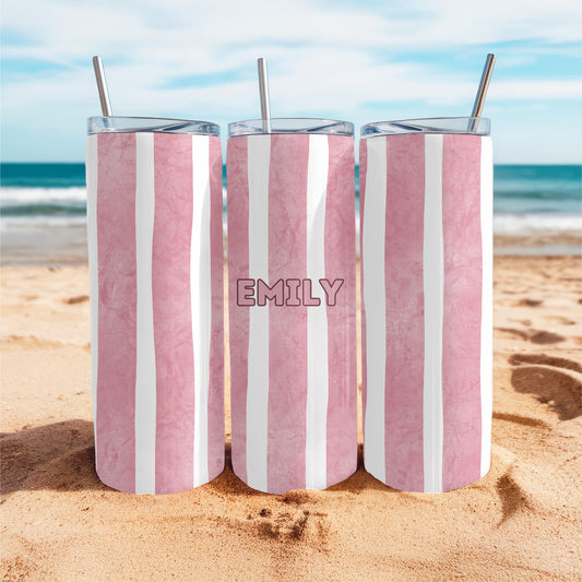 Personalized Striped Tumbler: Custom Name 20oz Skinny Tumbler, Watercolor Aesthetic Gift, Minimalist Beach Trip Cup