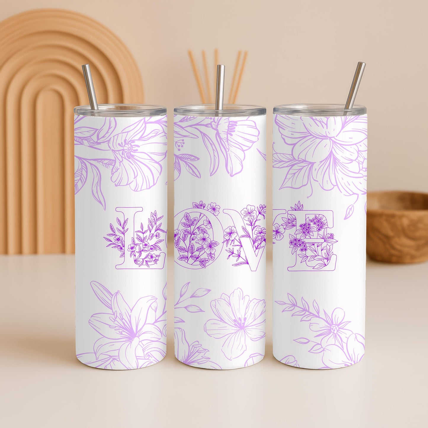 Floral Love Tumbler: 20oz Skinny Tumbler, Purple Flower Travel Mug, Romantic Botanical Gift for Her