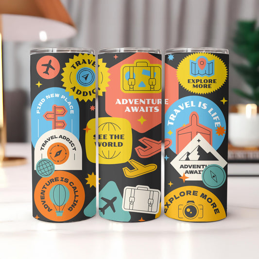 Adventure Awaits Tumbler: 20oz Skinny Tumbler, Retro Travel Gift, Explore More Mug, Wanderlust Vacation Cup
