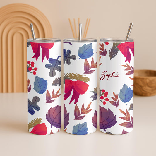 Personalized Bow Tumbler: Custom Name 20oz Skinny Tumbler, Red Ribbon Winter Floral Travel Mug, Coquette Aesthetic Gift for Her