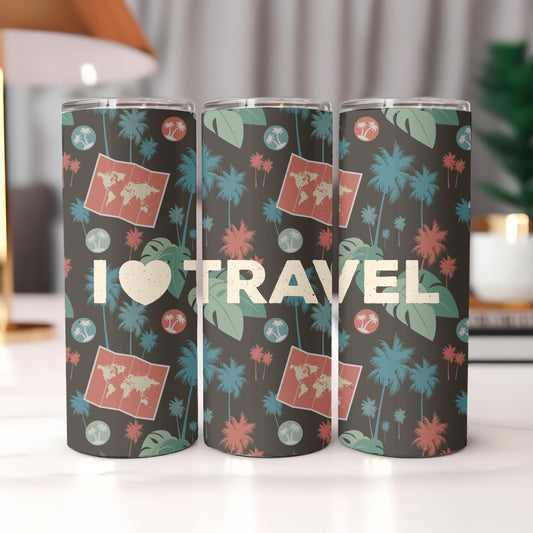 I Love Travel Tumbler: Personalized 20oz Skinny Tumbler, Tropical Palm Tree Travel Mug, Custom Name Vacation Gift