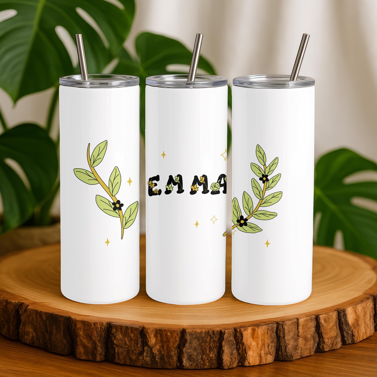 Personalized Wildflower Tumbler with Name, Minimalist Greenery 20oz Skinny Tumbler, Custom Botanical Gift for Her, Floral Name Cup