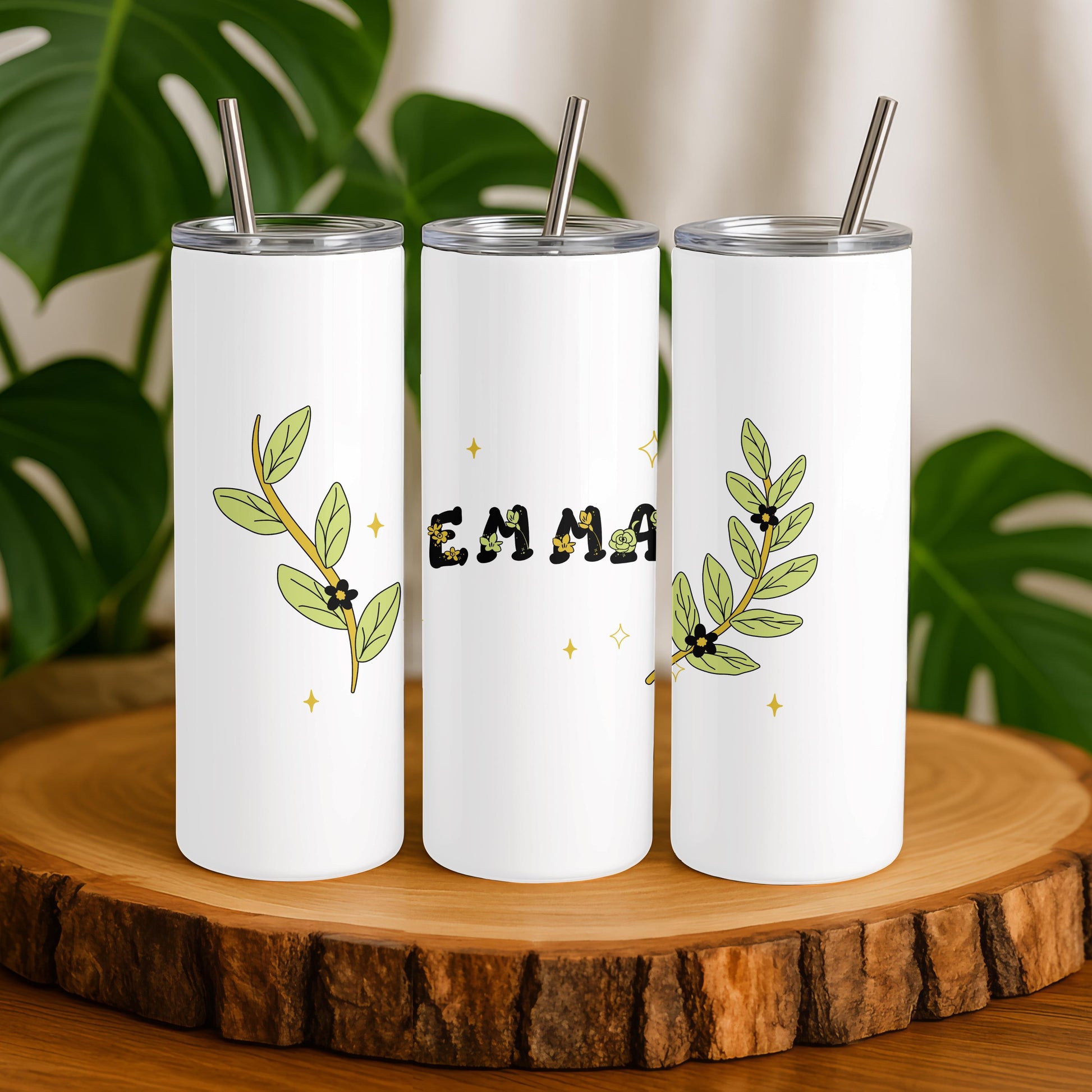 Personalized Wildflower Tumbler with Name, Minimalist Greenery 20oz Skinny Tumbler, Custom Botanical Gift for Her, Floral Name Cup