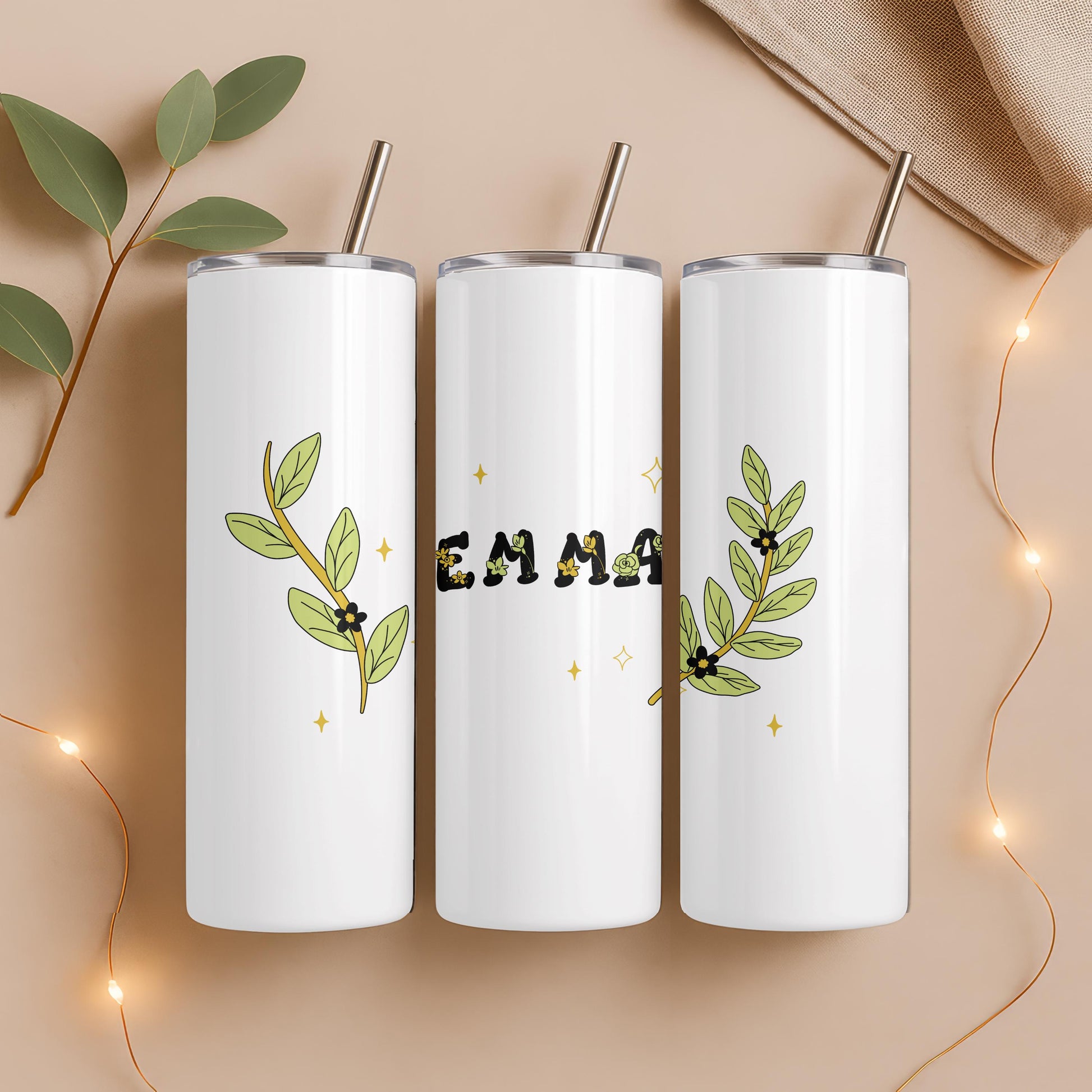 Personalized Wildflower Tumbler with Name, Minimalist Greenery 20oz Skinny Tumbler, Custom Botanical Gift for Her, Floral Name Cup