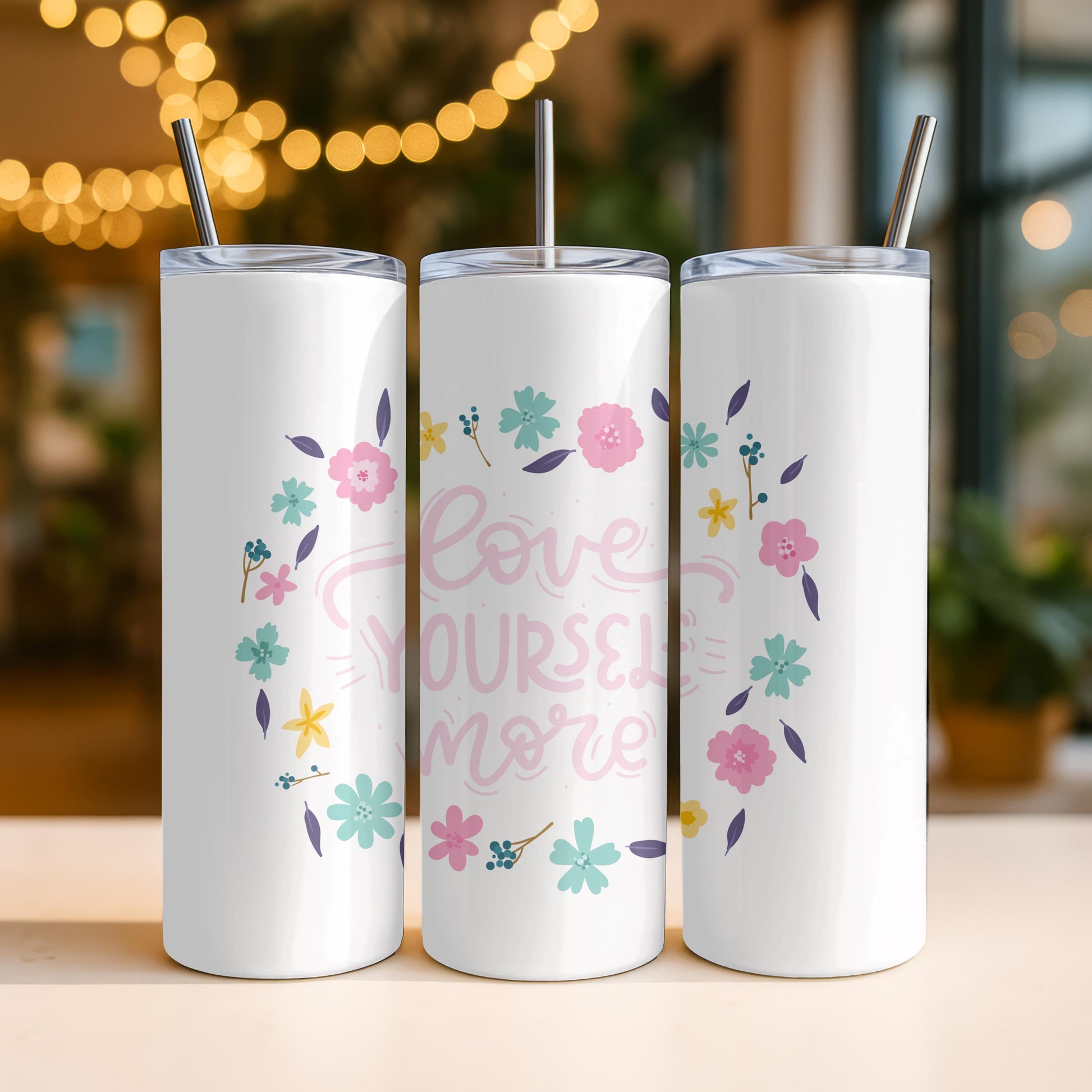 Self Care Gift Tumbler: Love Yourself More 20oz Skinny Tumbler, Inspirational Floral Travel Mug, Mental Health Awareness Gift