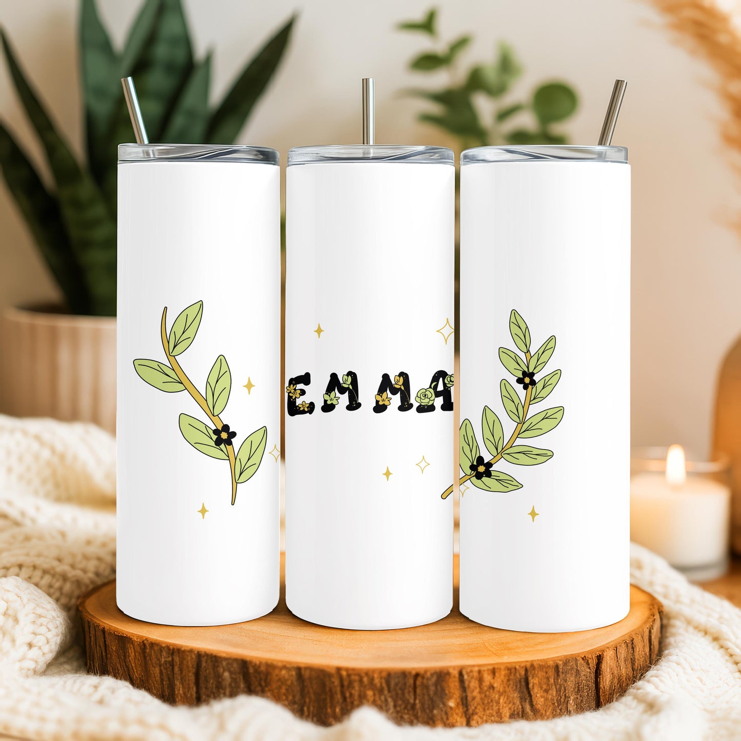 Personalized Wildflower Tumbler with Name, Minimalist Greenery 20oz Skinny Tumbler, Custom Botanical Gift for Her, Floral Name Cup