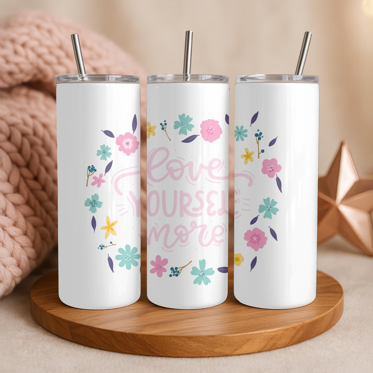Self Care Gift Tumbler: Love Yourself More 20oz Skinny Tumbler, Inspirational Floral Travel Mug, Mental Health Awareness Gift