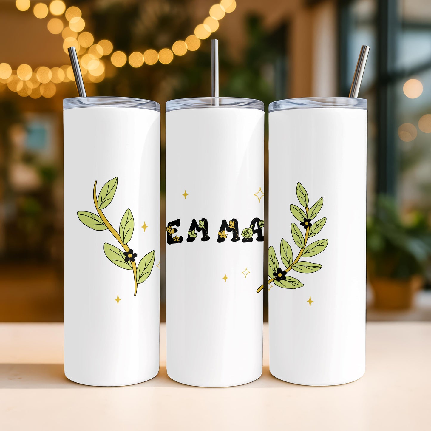 Personalized Wildflower Tumbler with Name, Minimalist Greenery 20oz Skinny Tumbler, Custom Botanical Gift for Her, Floral Name Cup