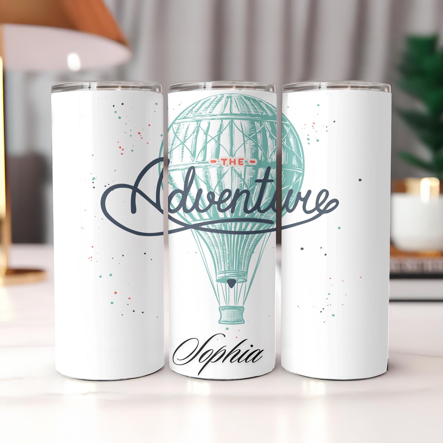 Personalized Adventure Tumbler: Custom Name 20oz Skinny Tumbler, Hot Air Balloon Travel Mug, Wanderlust Gift, Adventure Awaits Cup