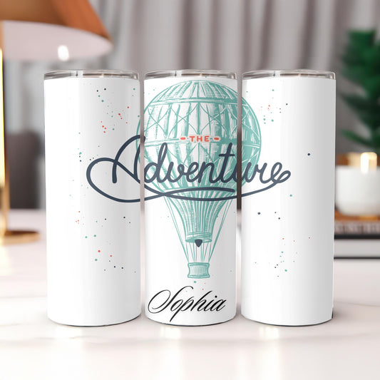 Personalized Adventure Tumbler: Custom Name 20oz Skinny Tumbler, Hot Air Balloon Travel Mug, Wanderlust Gift, Adventure Awaits Cup