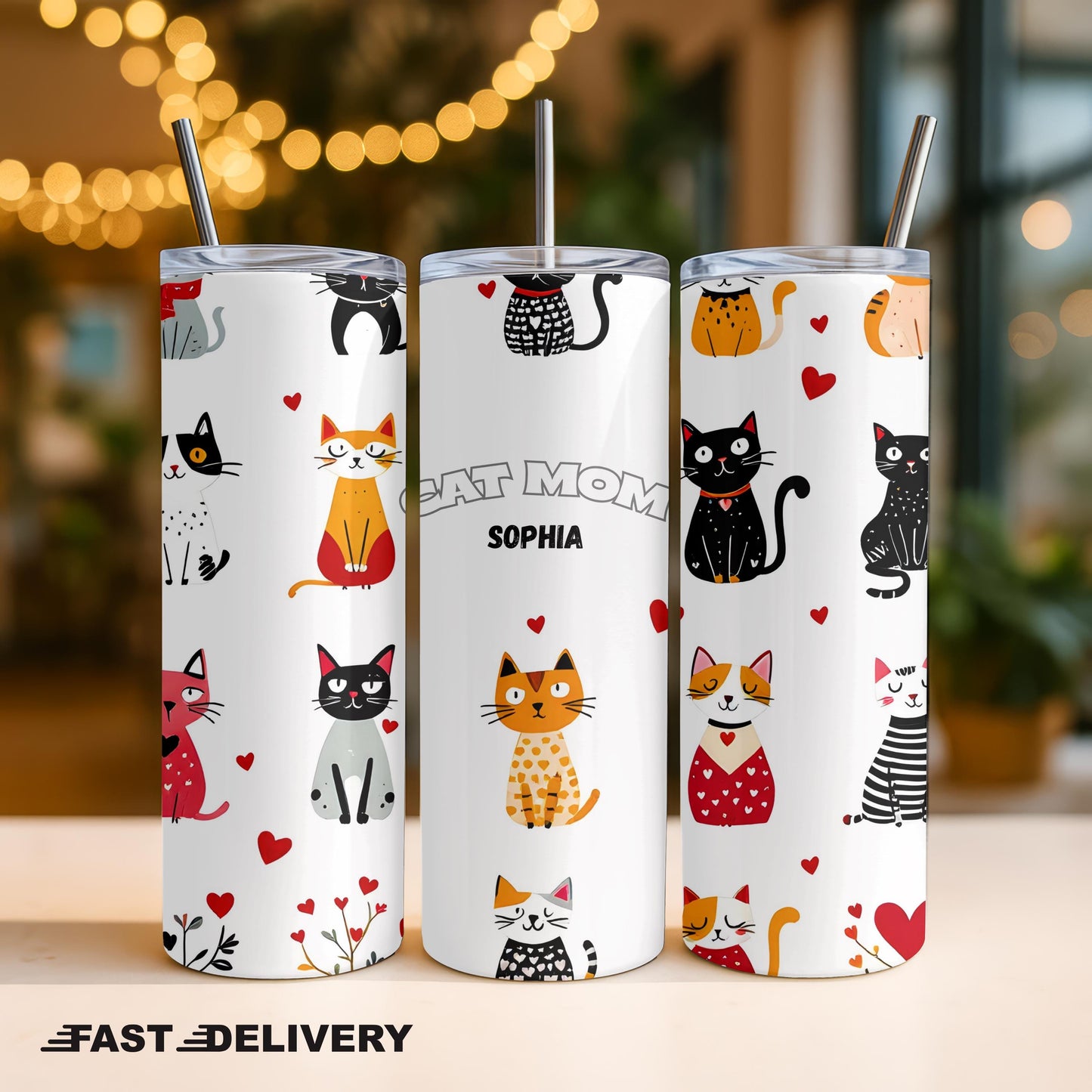 Personalized Cat Mom Tumbler with Name, Custom Pet Lover 20oz Skinny Tumbler, Crazy Cat Lady Gift, Cute Kitten Travel Cup