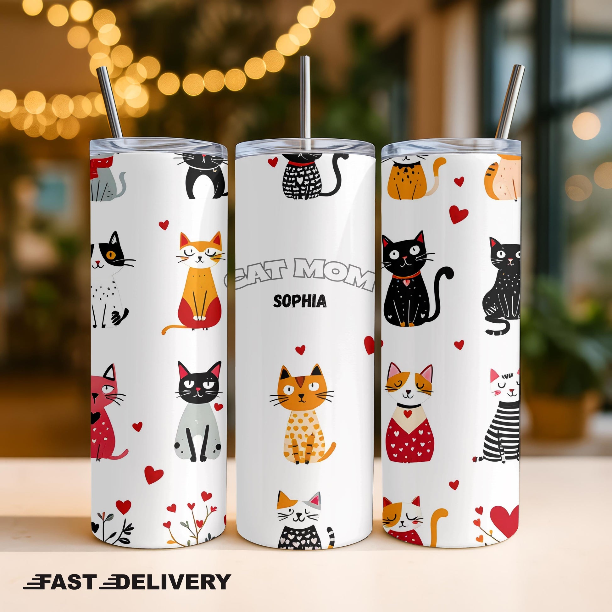 Personalized Cat Mom Tumbler with Name, Custom Pet Lover 20oz Skinny Tumbler, Crazy Cat Lady Gift, Cute Kitten Travel Cup