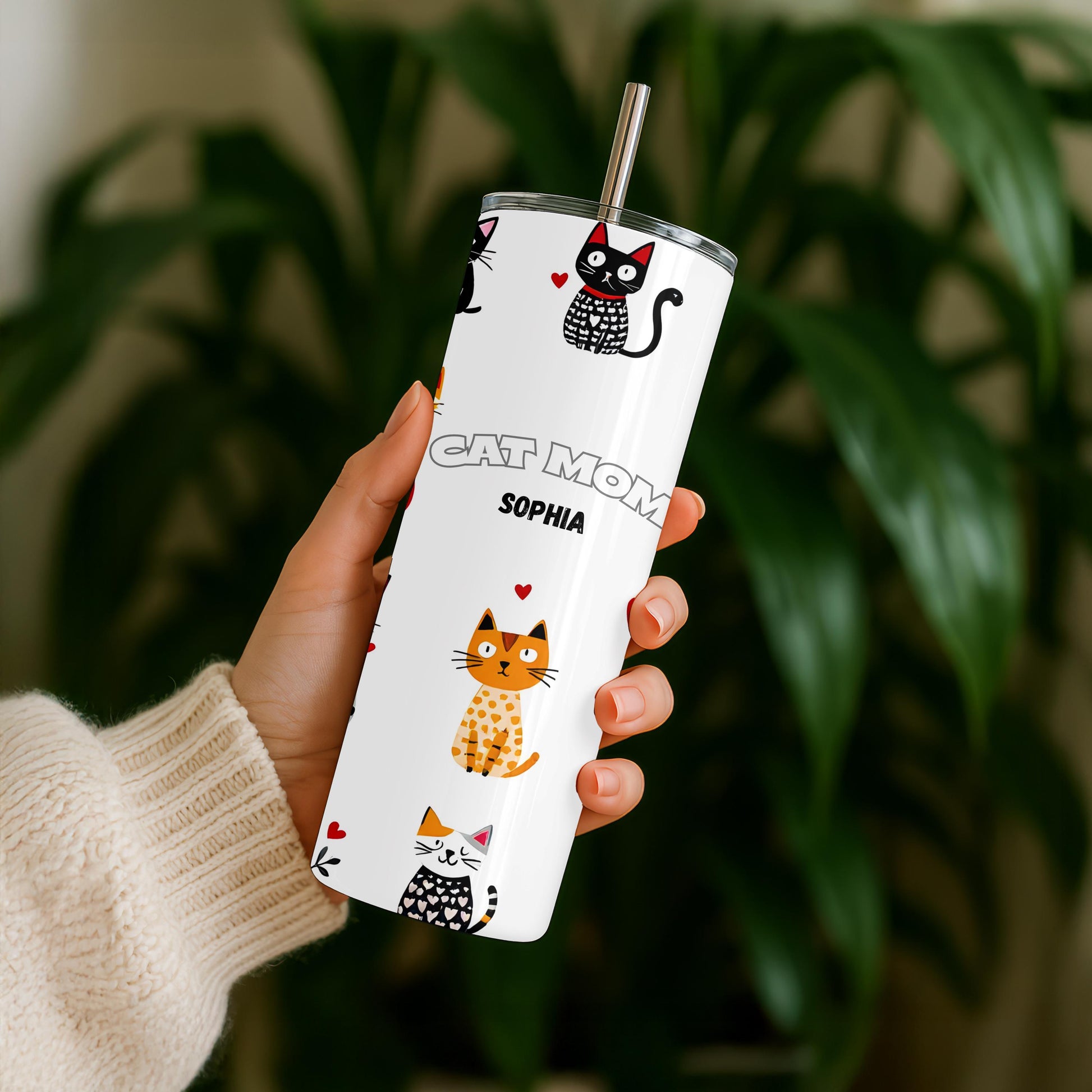 Personalized Cat Mom Tumbler with Name, Custom Pet Lover 20oz Skinny Tumbler, Crazy Cat Lady Gift, Cute Kitten Travel Cup
