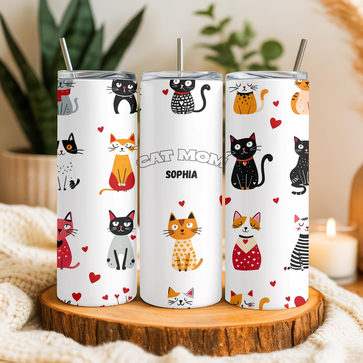 Personalized Cat Mom Tumbler with Name, Custom Pet Lover 20oz Skinny Tumbler, Crazy Cat Lady Gift, Cute Kitten Travel Cup