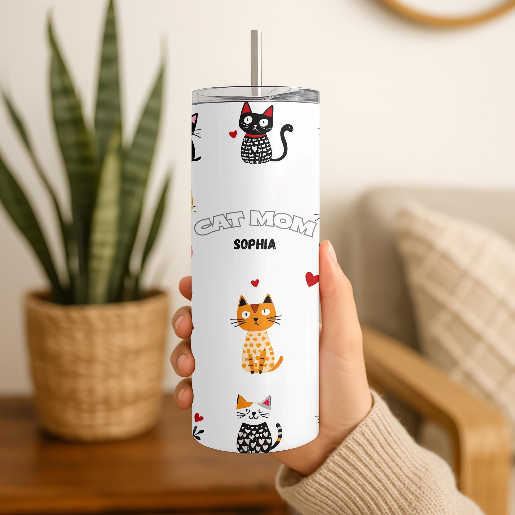 Personalized Cat Mom Tumbler with Name, Custom Pet Lover 20oz Skinny Tumbler, Crazy Cat Lady Gift, Cute Kitten Travel Cup