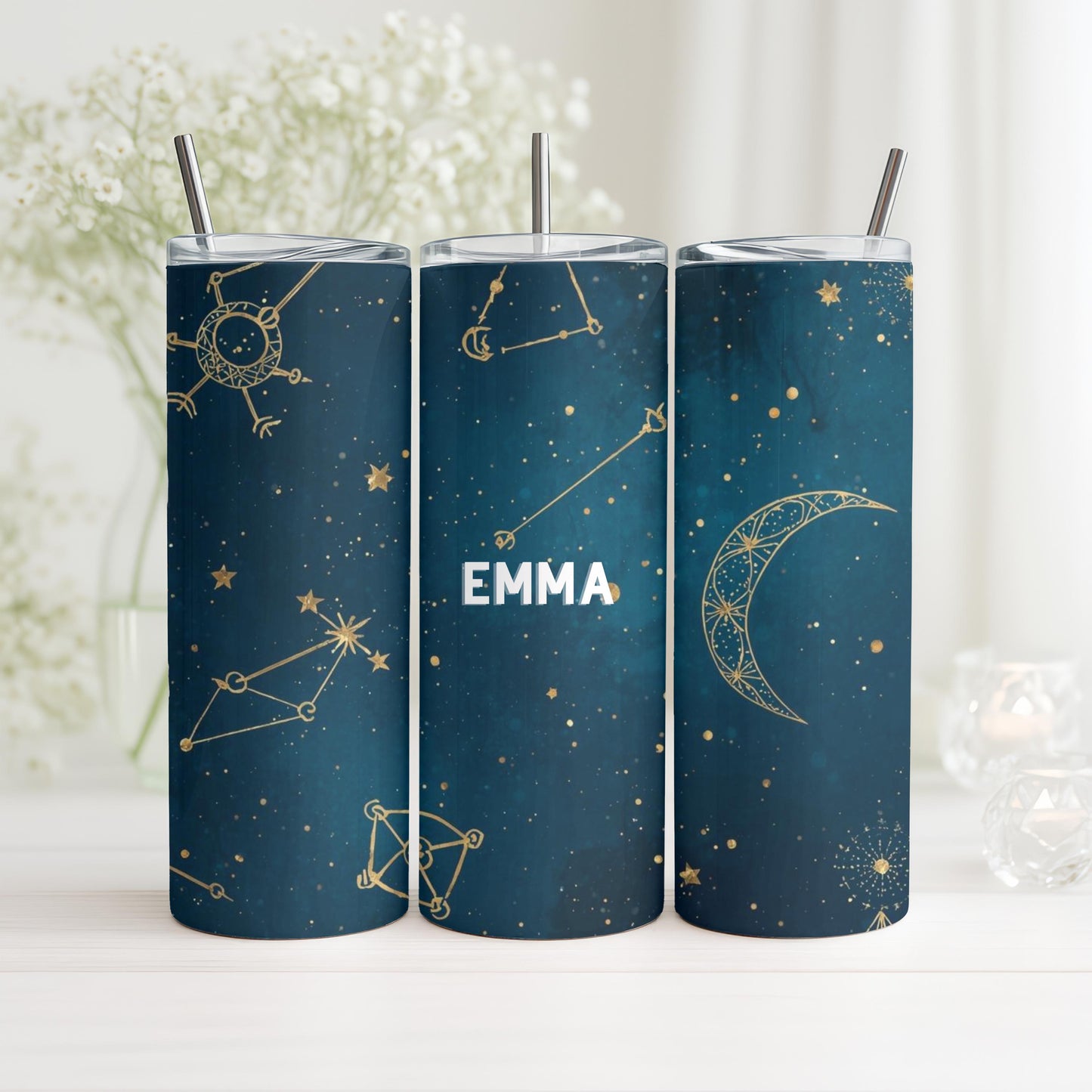 Personalized Celestial Tumbler with Name, Moon and Stars Constellation 20oz Skinny Tumbler, Custom Galaxy Night Sky Gift for Her
