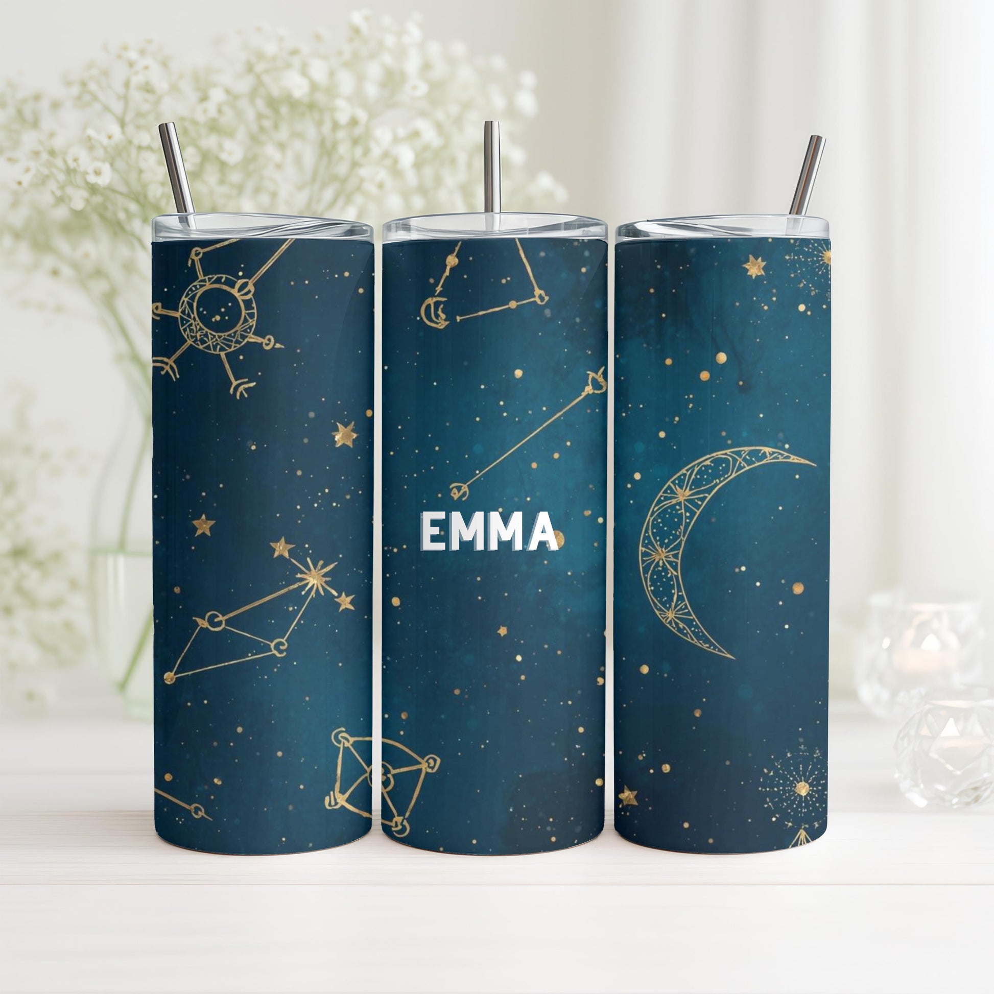 Personalized Celestial Tumbler with Name, Moon and Stars Constellation 20oz Skinny Tumbler, Custom Galaxy Night Sky Gift for Her