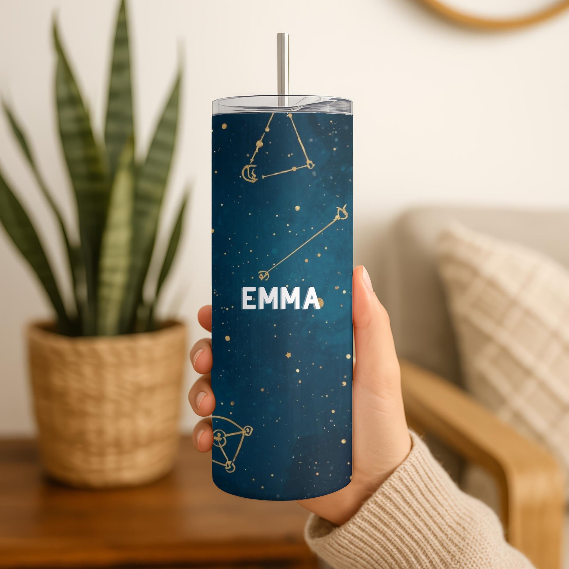 Personalized Celestial Tumbler with Name, Moon and Stars Constellation 20oz Skinny Tumbler, Custom Galaxy Night Sky Gift for Her