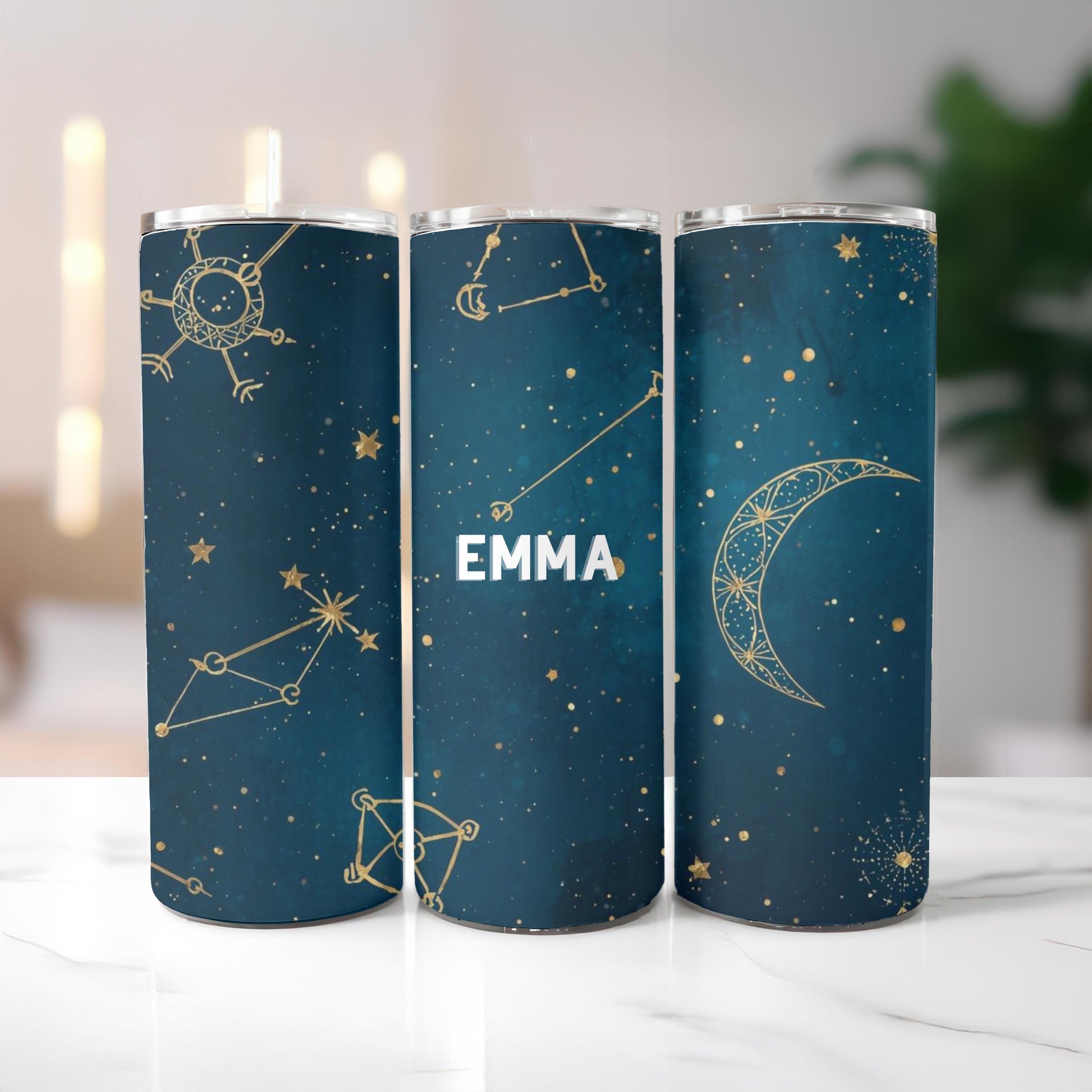 Personalized Celestial Tumbler with Name, Moon and Stars Constellation 20oz Skinny Tumbler, Custom Galaxy Night Sky Gift for Her