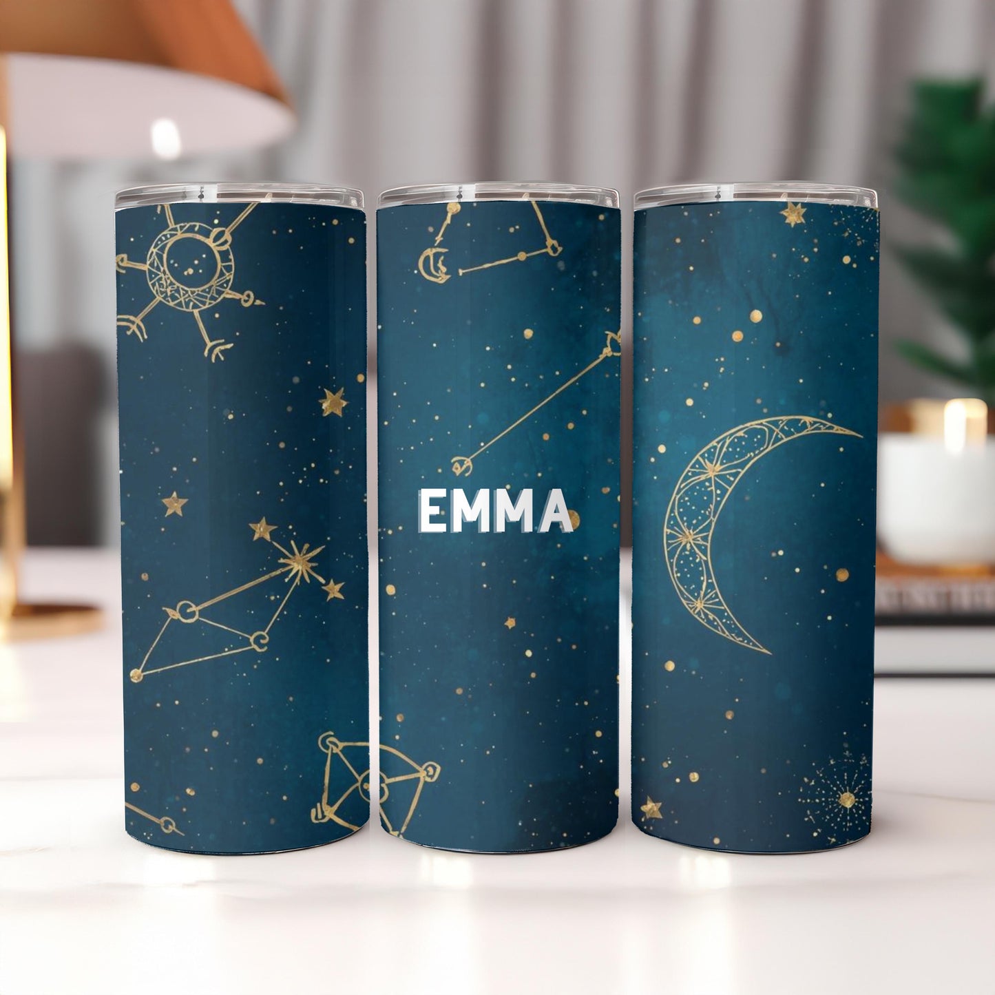 Personalized Celestial Tumbler with Name, Moon and Stars Constellation 20oz Skinny Tumbler, Custom Galaxy Night Sky Gift for Her