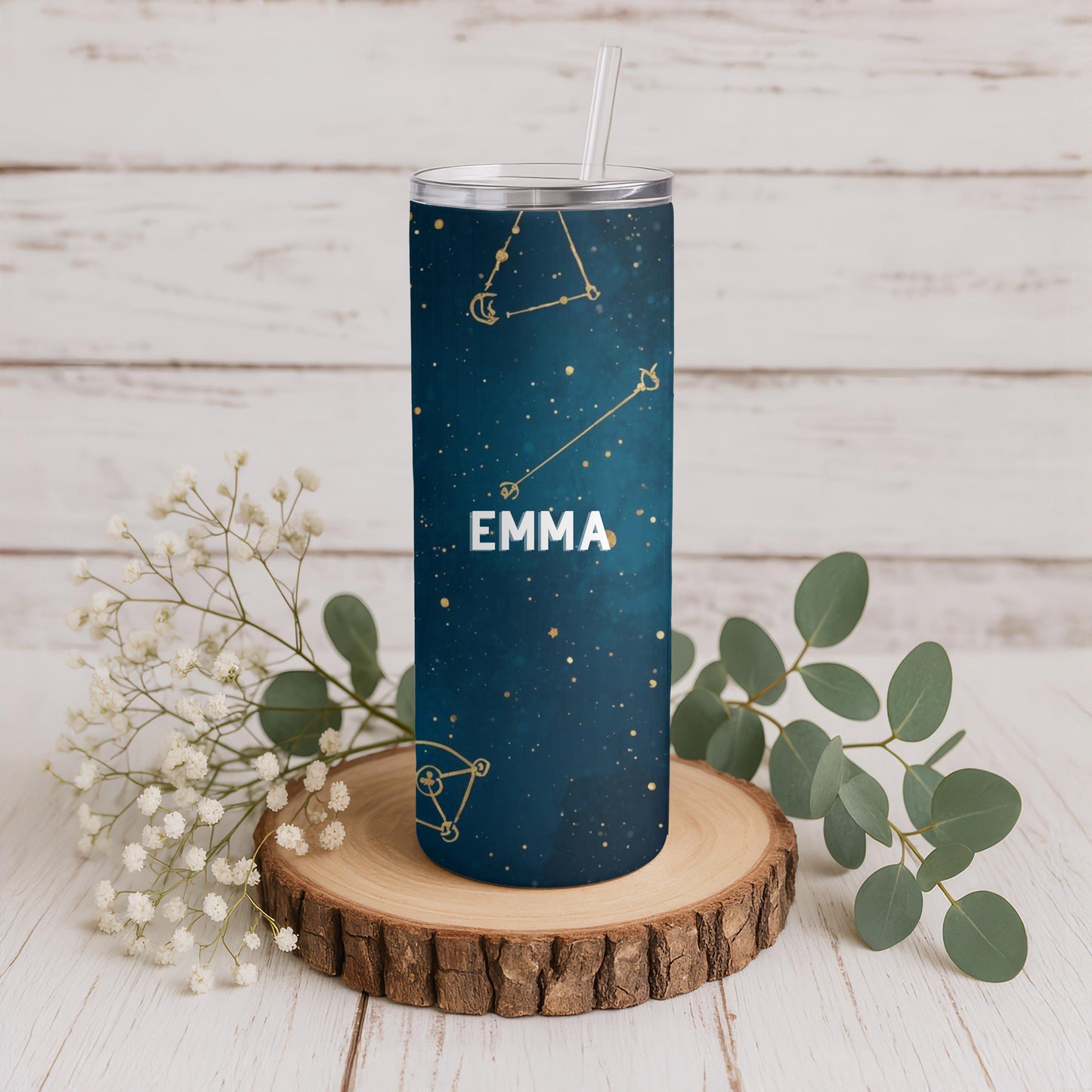 Personalized Celestial Tumbler with Name, Moon and Stars Constellation 20oz Skinny Tumbler, Custom Galaxy Night Sky Gift for Her