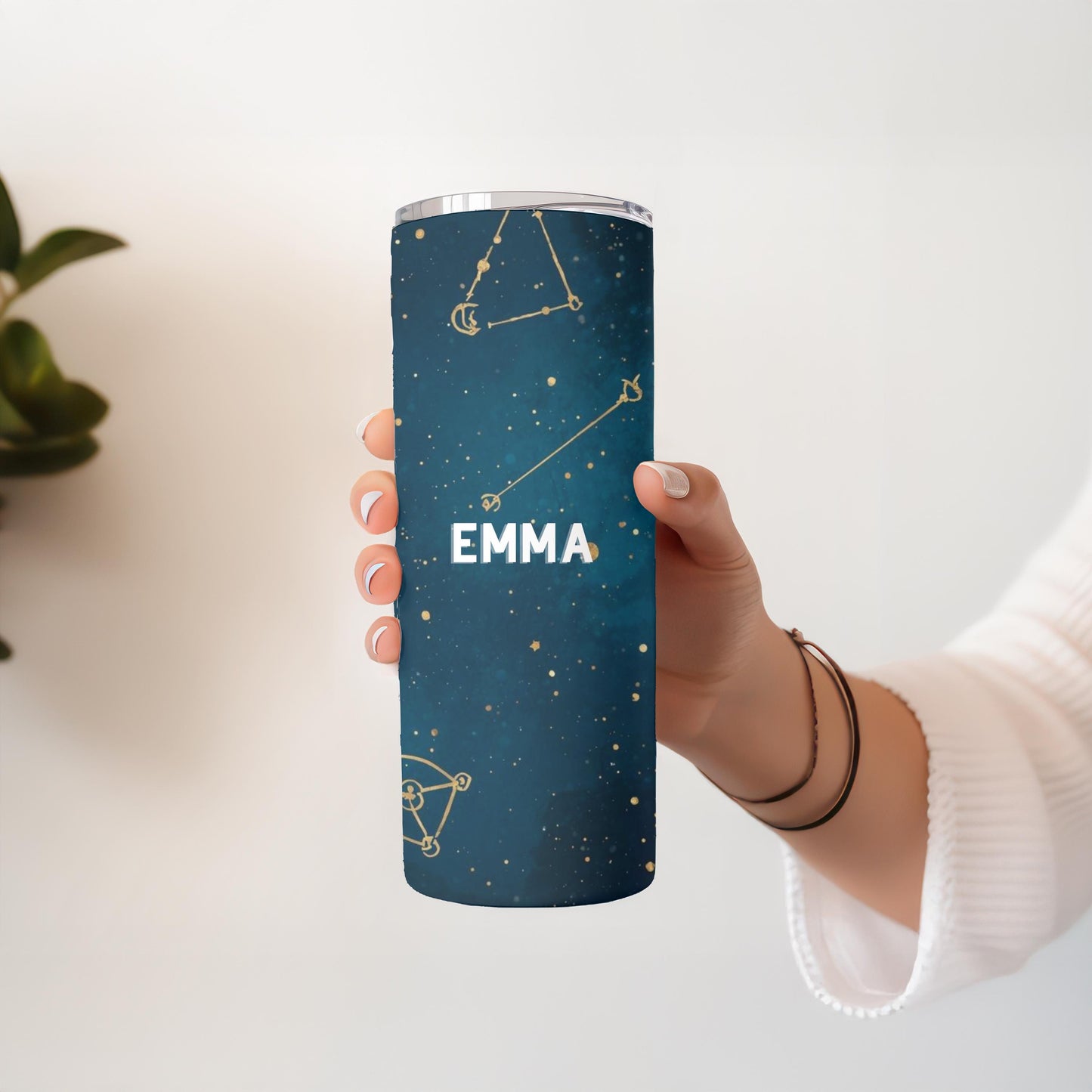 Personalized Celestial Tumbler with Name, Moon and Stars Constellation 20oz Skinny Tumbler, Custom Galaxy Night Sky Gift for Her