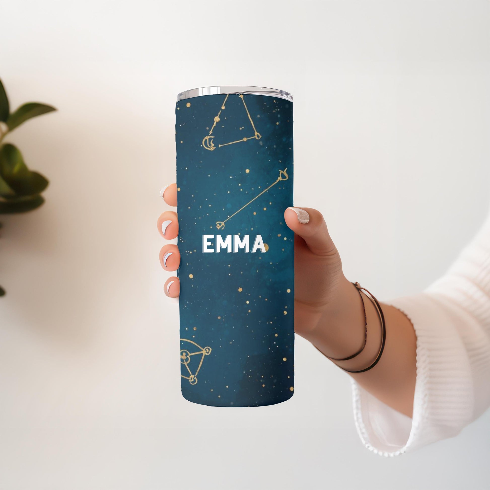 Personalized Celestial Tumbler with Name, Moon and Stars Constellation 20oz Skinny Tumbler, Custom Galaxy Night Sky Gift for Her