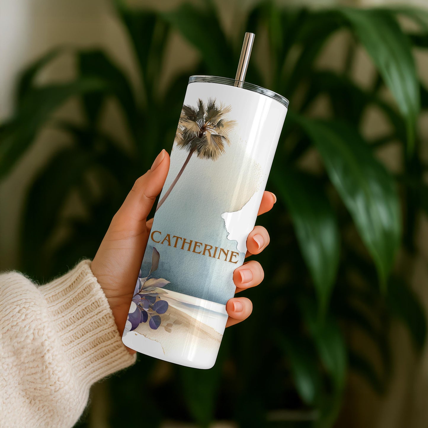 Personalized Beach Tumbler with Name, Watercolor Palm Tree 20oz Skinny Tumbler, Custom Coastal Summer Gift for Her