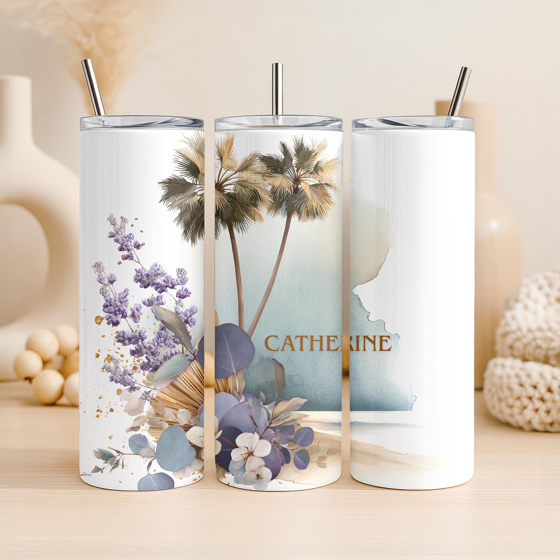 Personalized Beach Tumbler with Name, Watercolor Palm Tree 20oz Skinny Tumbler, Custom Coastal Summer Gift for Her