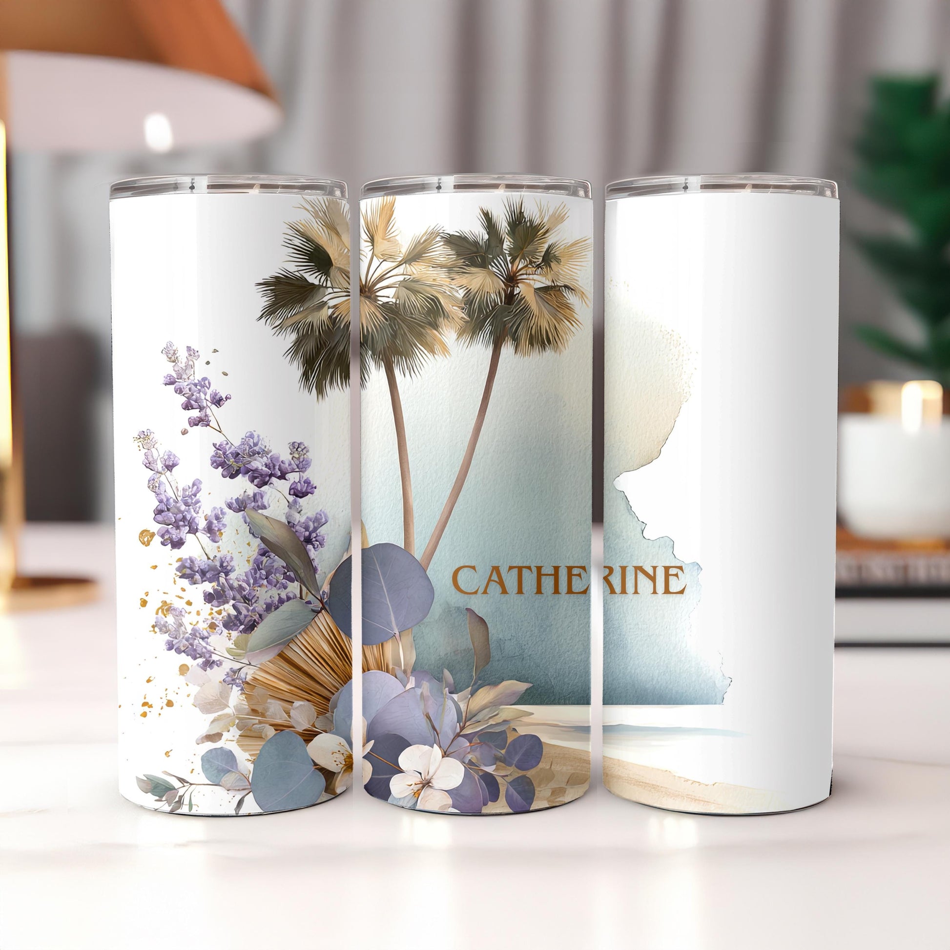 Personalized Beach Tumbler with Name, Watercolor Palm Tree 20oz Skinny Tumbler, Custom Coastal Summer Gift for Her