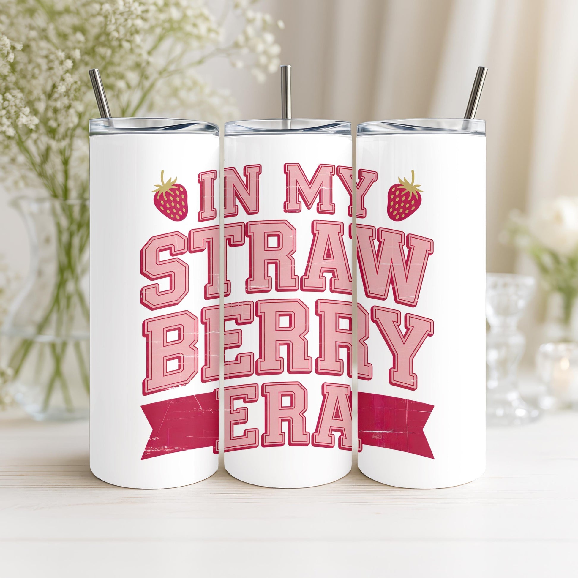 In My Strawberry Era Tumbler, Retro Fruit Aesthetic 20oz Skinny Tumbler, Cute Pink Strawberry Gift for Her, Trendy Travel Cup