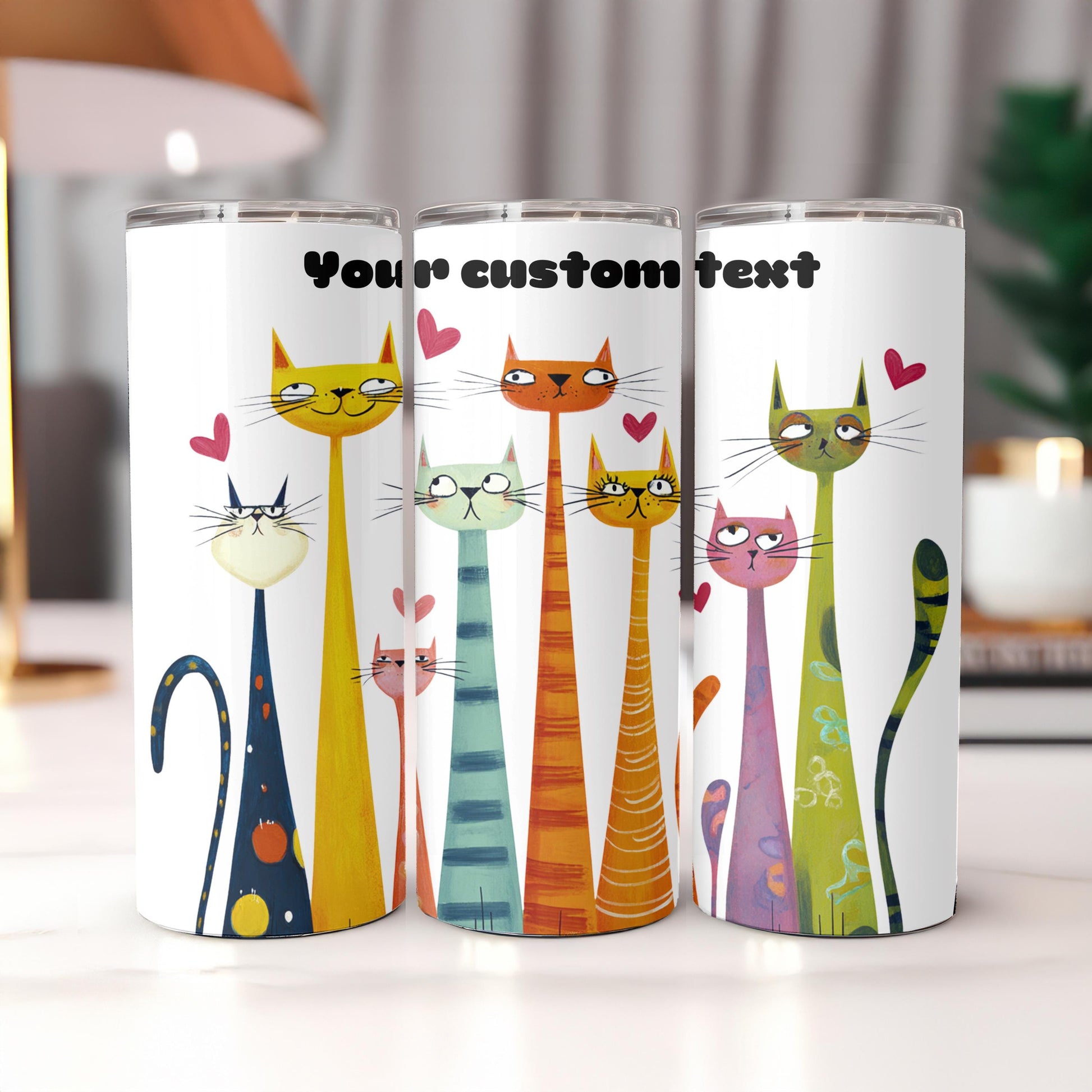 Funny Cat Tumbler with Name, Personalized Whimsical Cat Gift, Custom 20oz Skinny Tumbler, Long Neck Cat Travel Cup