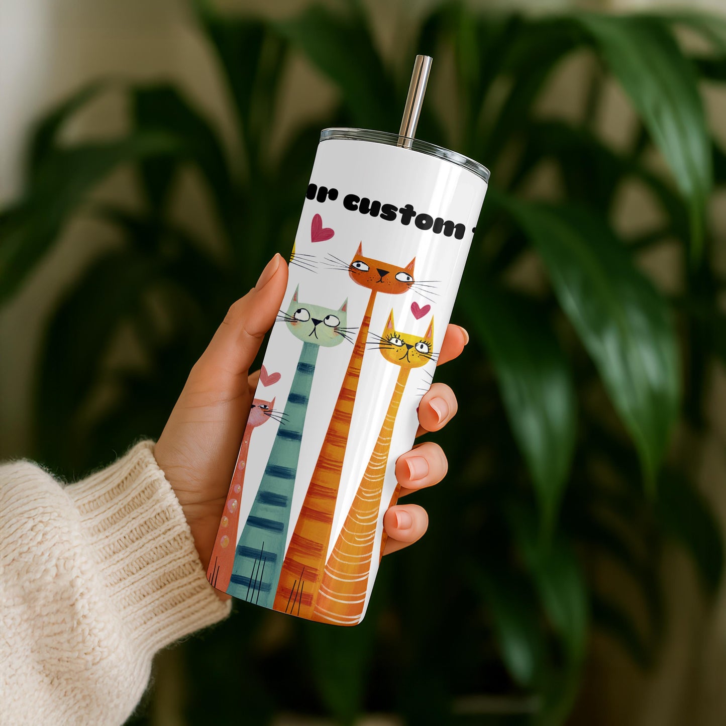 Funny Cat Tumbler with Name, Personalized Whimsical Cat Gift, Custom 20oz Skinny Tumbler, Long Neck Cat Travel Cup