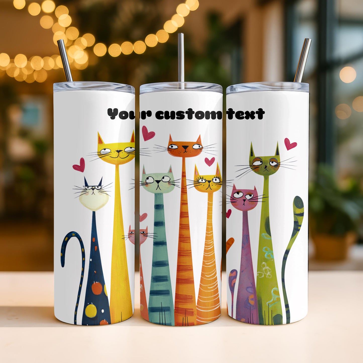 Funny Cat Tumbler with Name, Personalized Whimsical Cat Gift, Custom 20oz Skinny Tumbler, Long Neck Cat Travel Cup