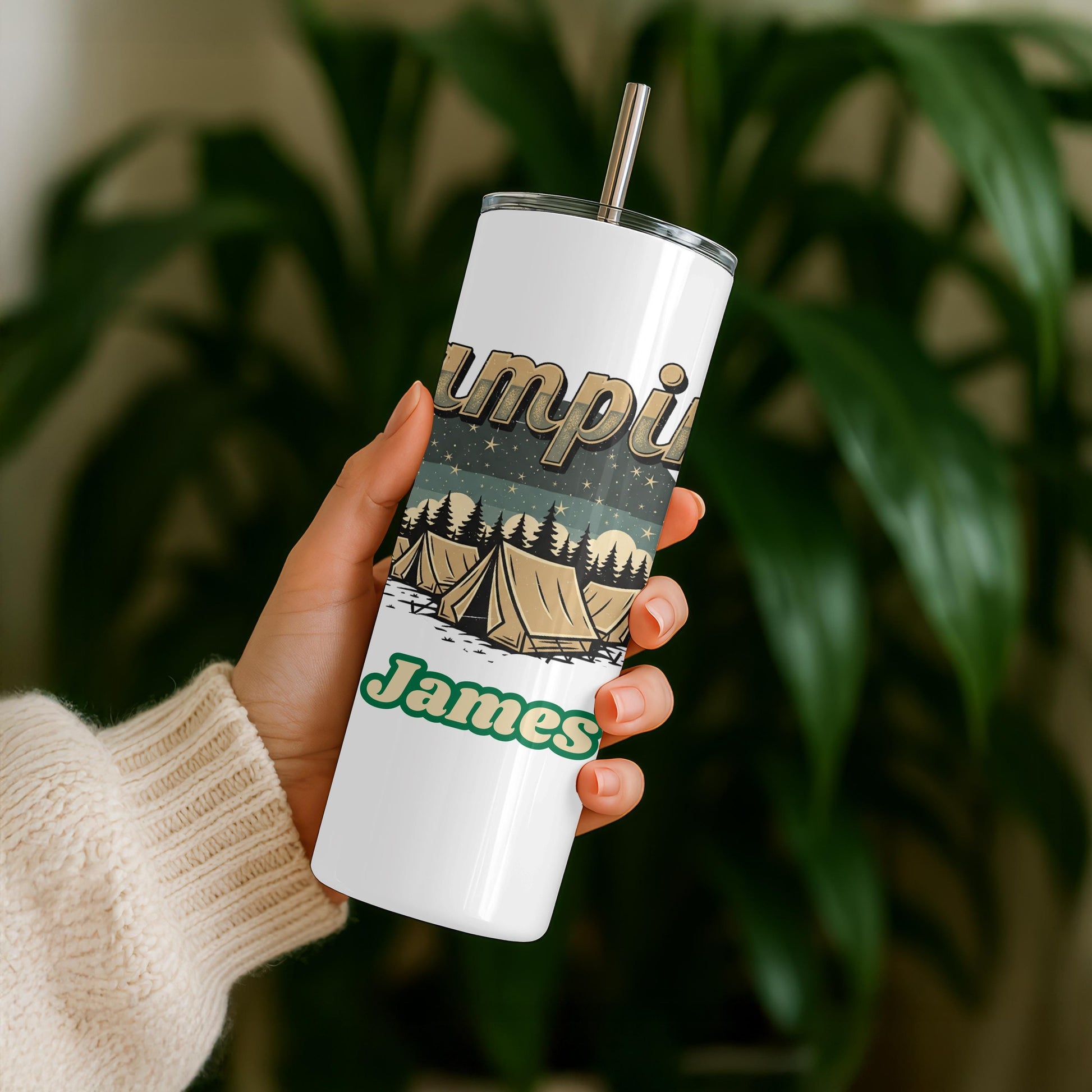 Personalized Camping Tumbler with Name, Retro Adventure 20oz Skinny Tumbler, Custom Outdoor Gift for Him, Nature Travel Cup