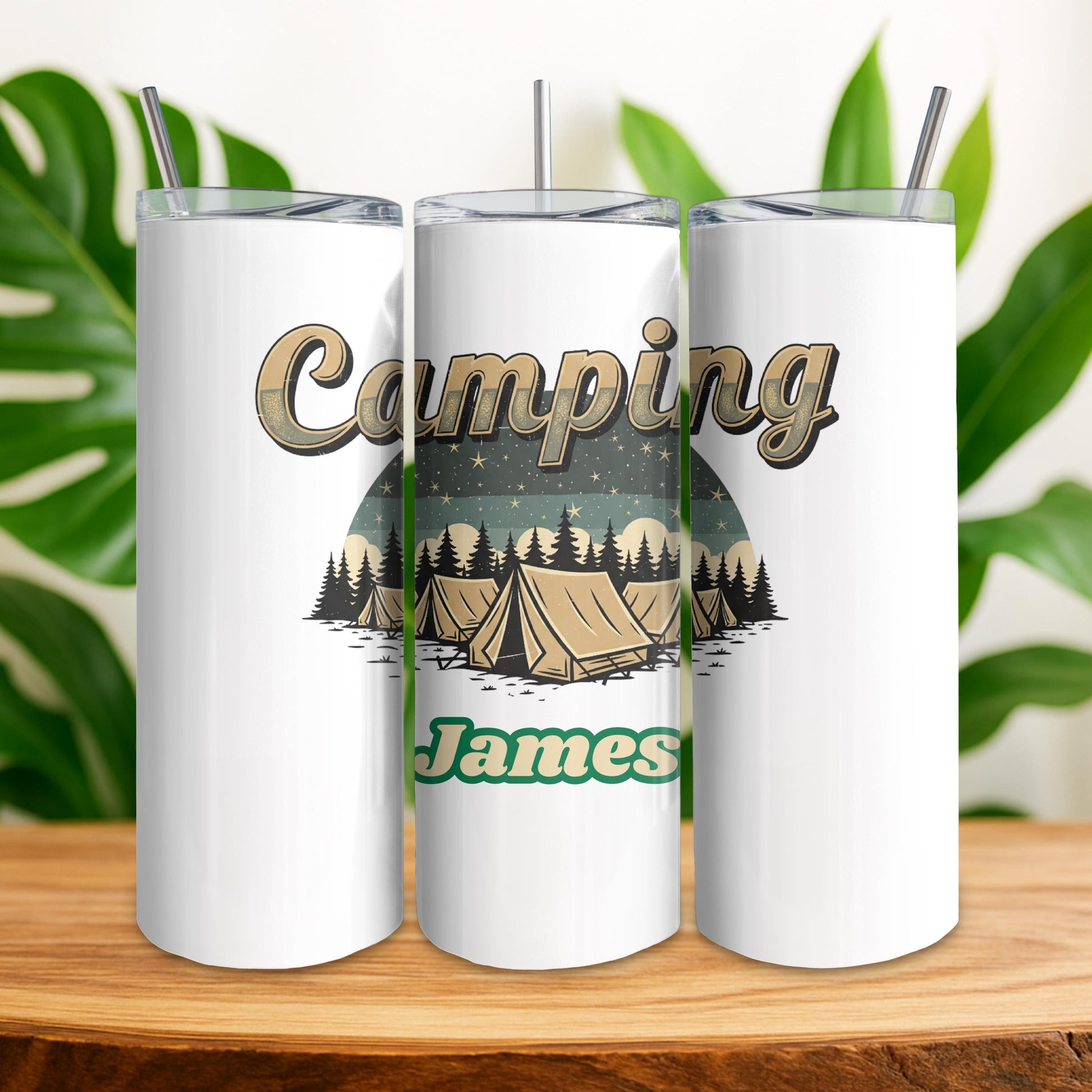 Personalized Camping Tumbler with Name, Retro Adventure 20oz Skinny Tumbler, Custom Outdoor Gift for Him, Nature Travel Cup