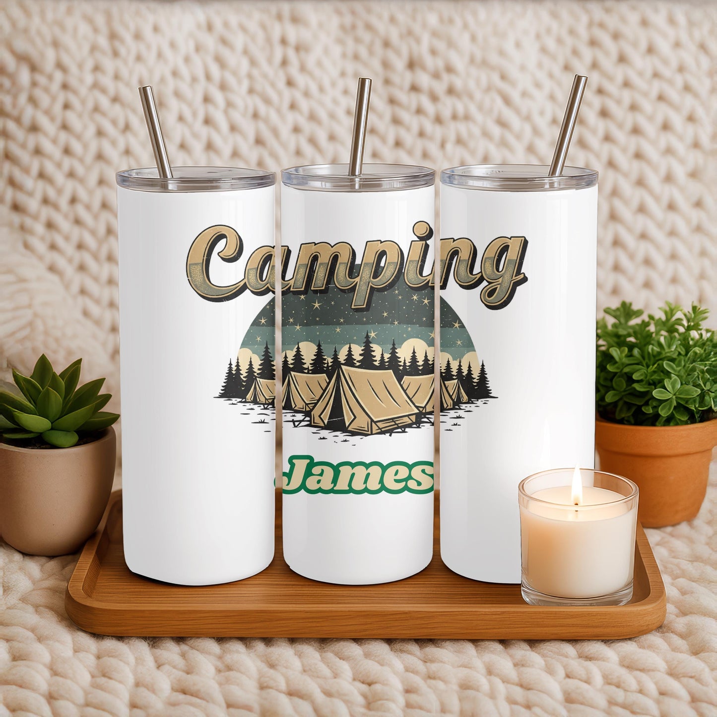 Personalized Camping Tumbler with Name, Retro Adventure 20oz Skinny Tumbler, Custom Outdoor Gift for Him, Nature Travel Cup