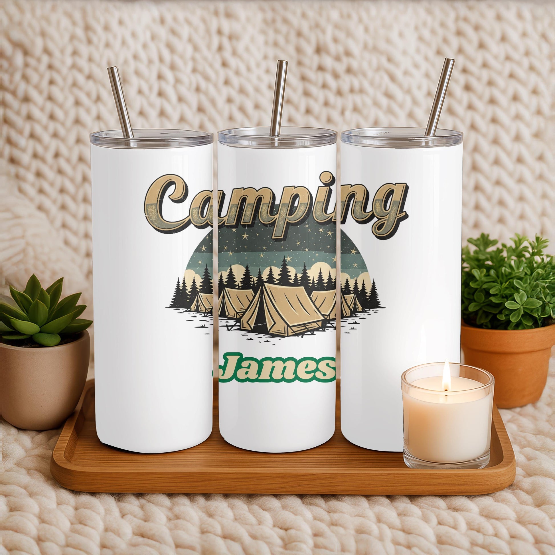 Personalized Camping Tumbler with Name, Retro Adventure 20oz Skinny Tumbler, Custom Outdoor Gift for Him, Nature Travel Cup