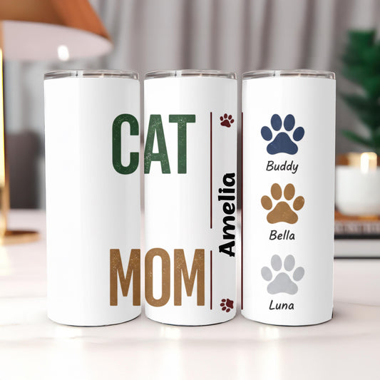 Personalized Cat Mom Tumbler with Names, Custom Pet Paw 20oz Skinny Tumbler, Gift for Multiple Cat Owners, Fur Mama Travel Cup