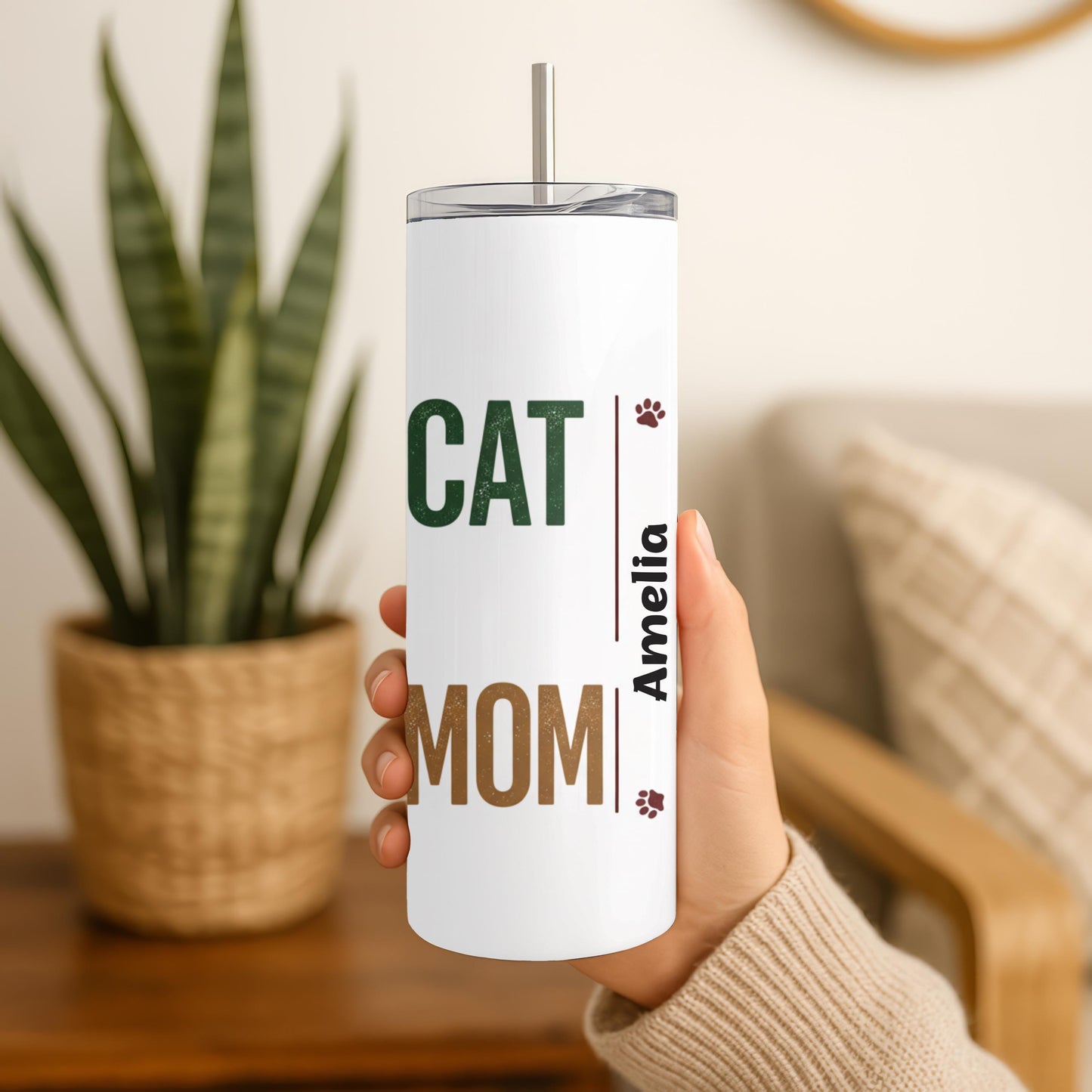 Personalized Cat Mom Tumbler with Names, Custom Pet Paw 20oz Skinny Tumbler, Gift for Multiple Cat Owners, Fur Mama Travel Cup