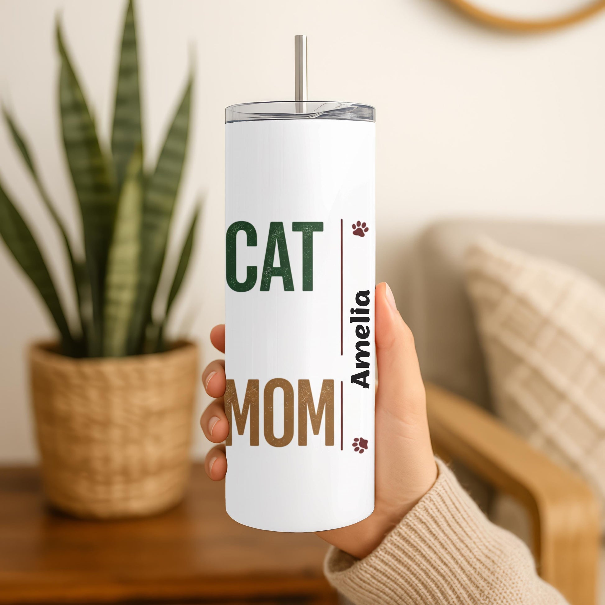 Personalized Cat Mom Tumbler with Names, Custom Pet Paw 20oz Skinny Tumbler, Gift for Multiple Cat Owners, Fur Mama Travel Cup
