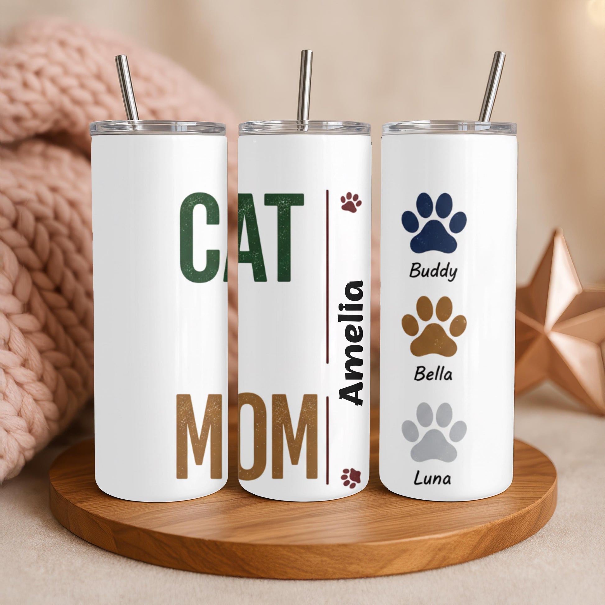 Personalized Cat Mom Tumbler with Names, Custom Pet Paw 20oz Skinny Tumbler, Gift for Multiple Cat Owners, Fur Mama Travel Cup