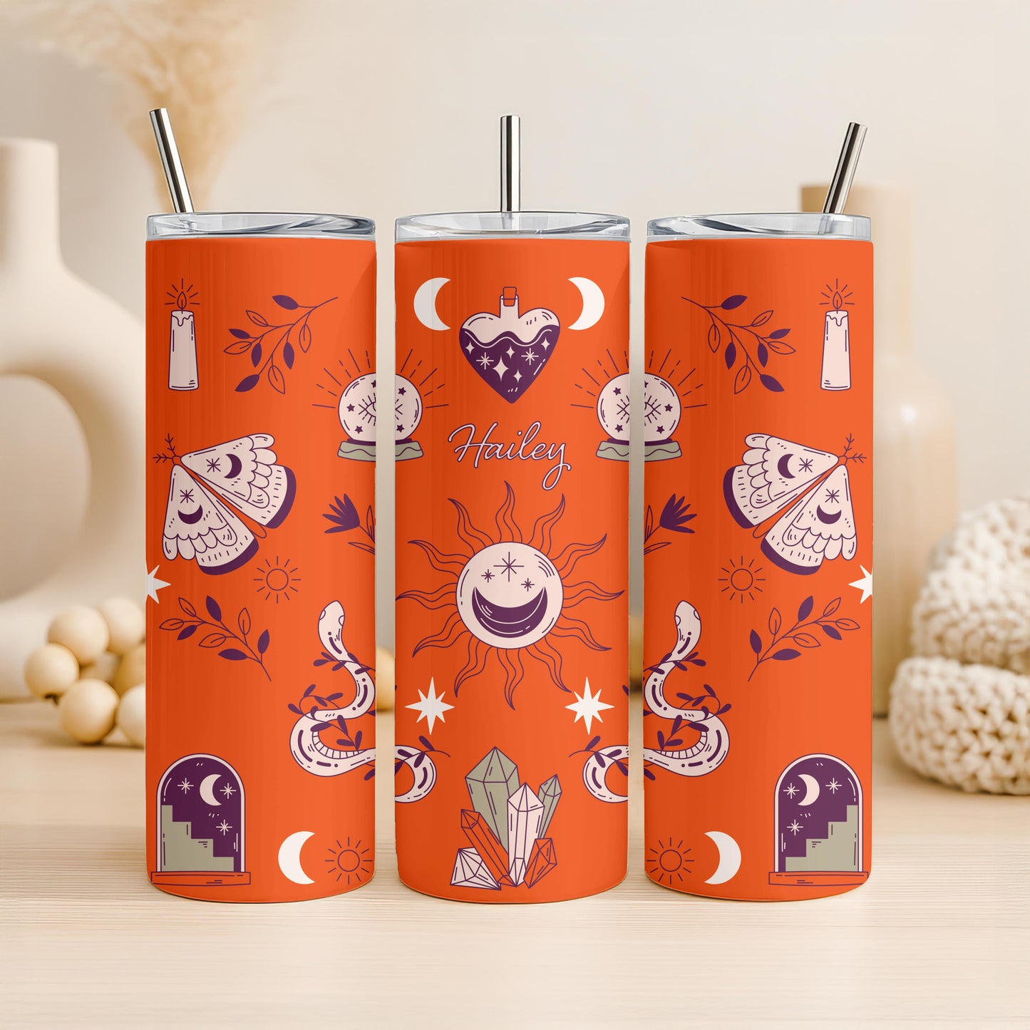 Personalized Witchy Tumbler with Name, Mystical Celestial 20oz Skinny Tumbler, Custom Spiritual Gift for Her, Travel Cup